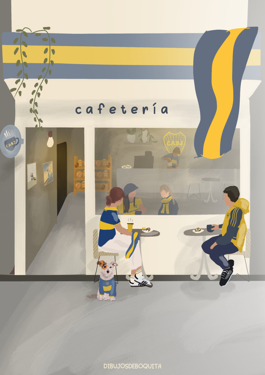 Cafetería azul y oro, ilustrada por dibujosdeboquita